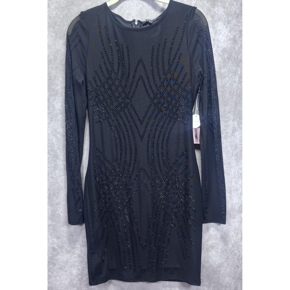 Blashe Dress NEW Black Sz L Sequin Beaded Bodycon Sheer Sleeves Juniors